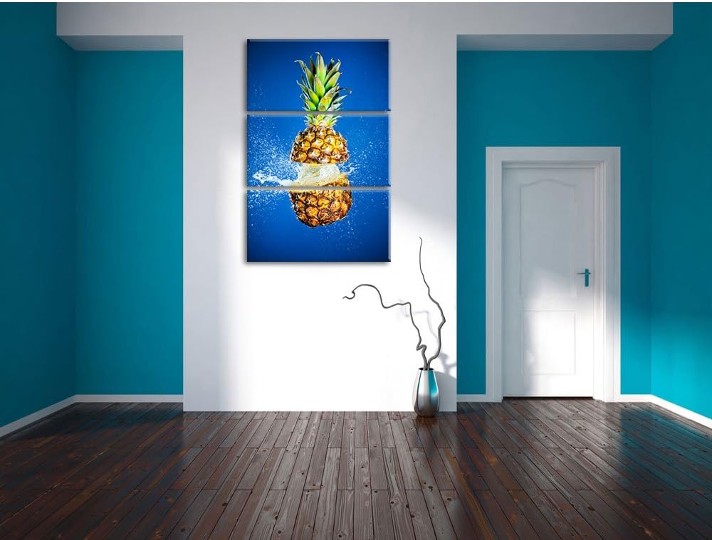Pixxprint Ananas mit Wasser bespritzt als Leinwandbild | Grösse: 3 Teilig (120x80) | Wandbild| Kunst