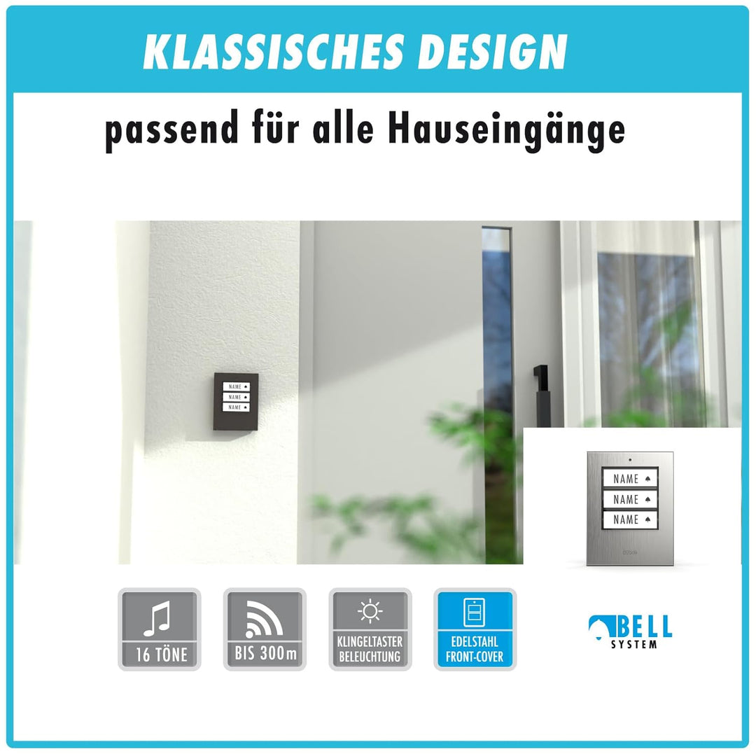 m-e Funkklingel BELL-523 AC Edelstahl gebürstet mit Sender und Empfänger für 3-Familienhaus | Erweit