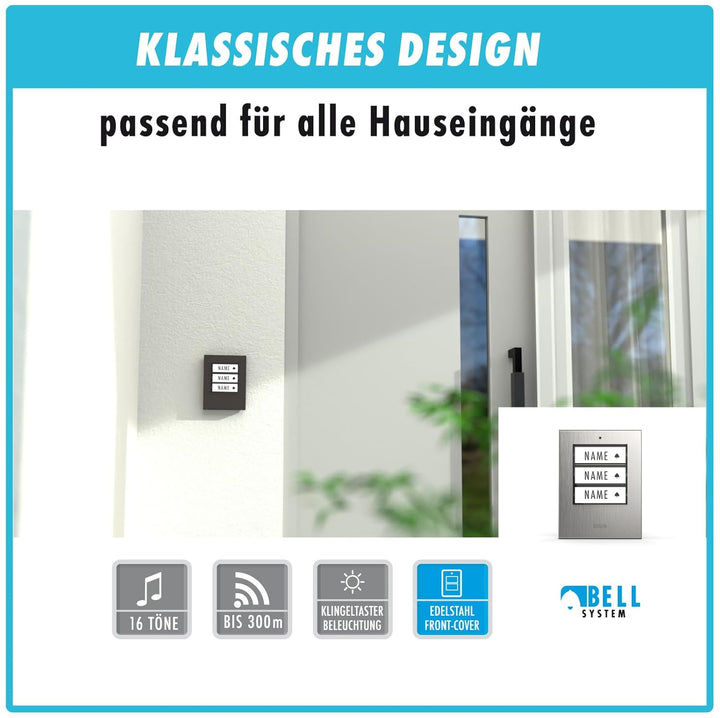 m-e Funkklingel BELL-523 AC Edelstahl gebürstet mit Sender und Empfänger für 3-Familienhaus | Erweit