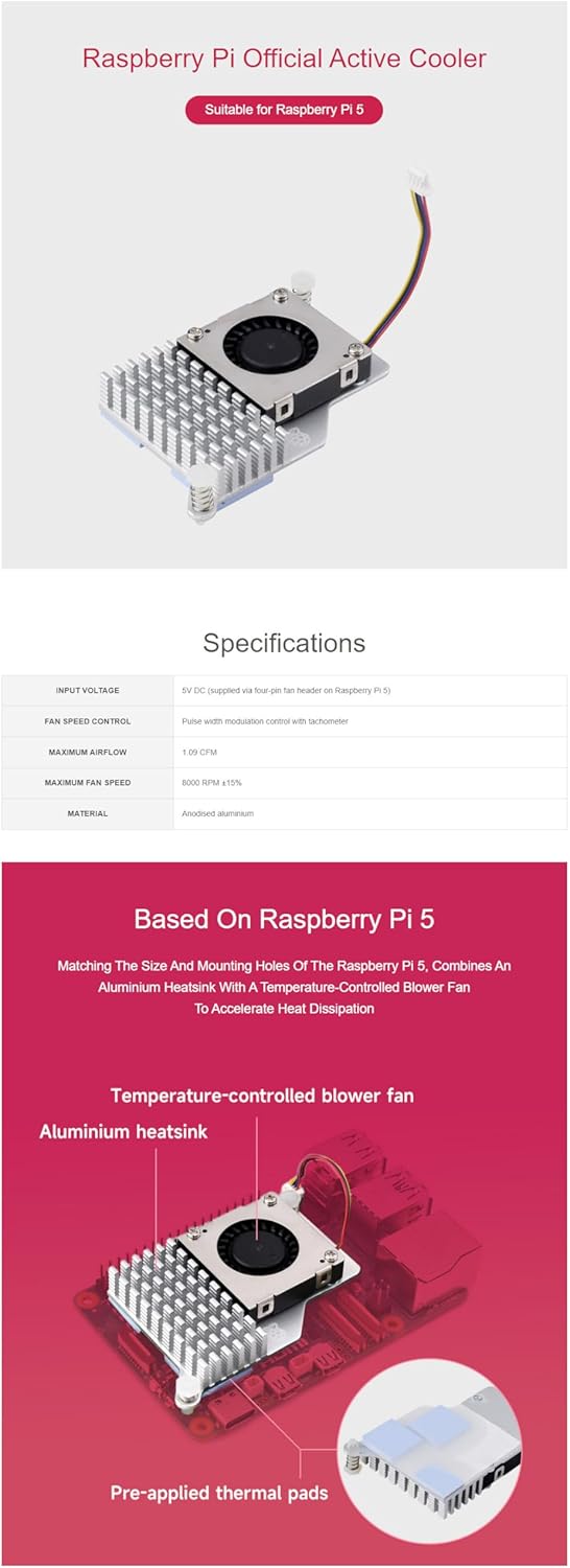 Official for Raspberry Pi Active Cooler Fits Raspberry Pi 5 with Temperature-Controlled Blower Fan A