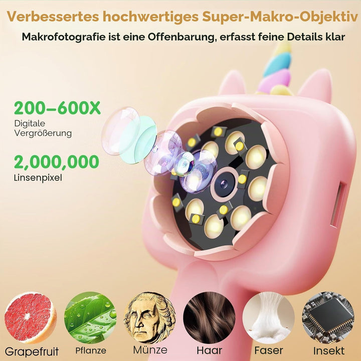 QUBAI 600x Mini-Handy-Mikroskop für Kinder, 2,4" IPS, USB, LED, physisch &amp; digital, tragbar, ab 3 Ja