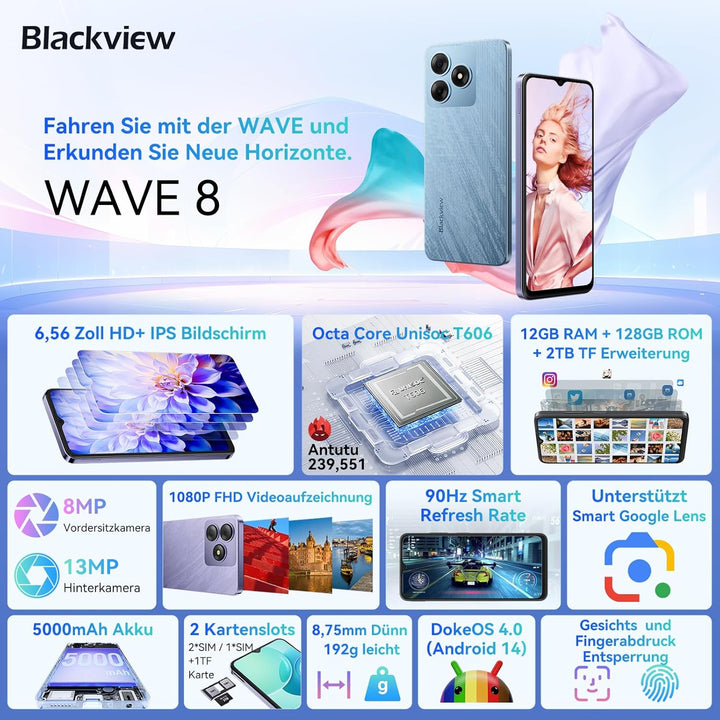 Blackview Wave 8 Handy Ohne vertrag Android 14, 12GB+128GB/2TB TF, 90Hz 6.56", 5000mAh Smartphone oh