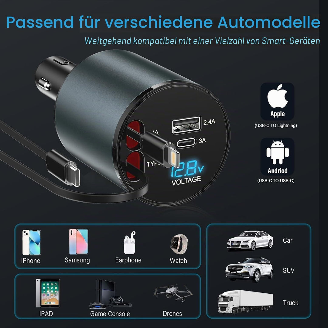 Auto Ladegerät Zigarettenanzünder USB C 4 in 1 56W - KFZ Ladegerät mit 2 einziehbaren Kabeln(Type C,