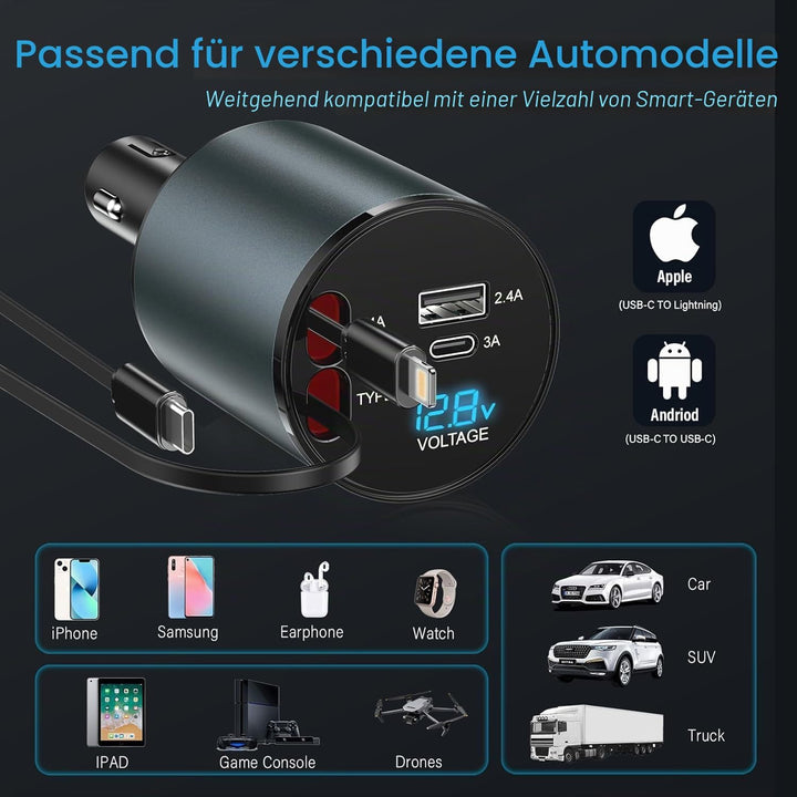 Auto Ladegerät Zigarettenanzünder USB C 4 in 1 56W - KFZ Ladegerät mit 2 einziehbaren Kabeln(Type C,