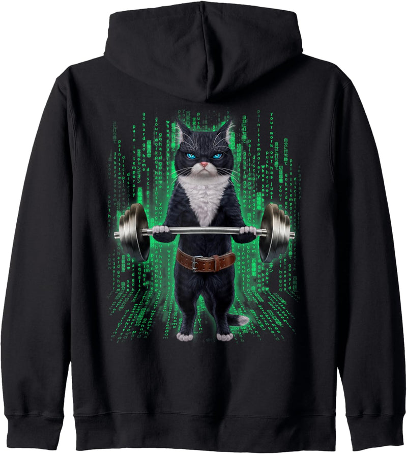 Bicolor Katze, die Gewichte im Cyber-Fitnessstudio hebt Kapuzenjacke