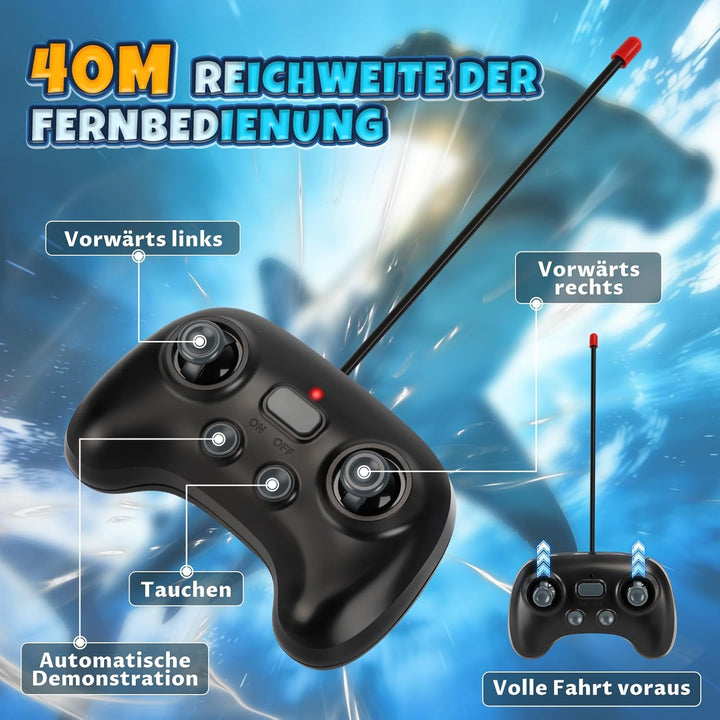 Ferngesteuerter Hai mit Tauchfunktion, 2.4GHz RC Hai mit LED-Licht, Unterwasser-Hai Spielzeug für Po