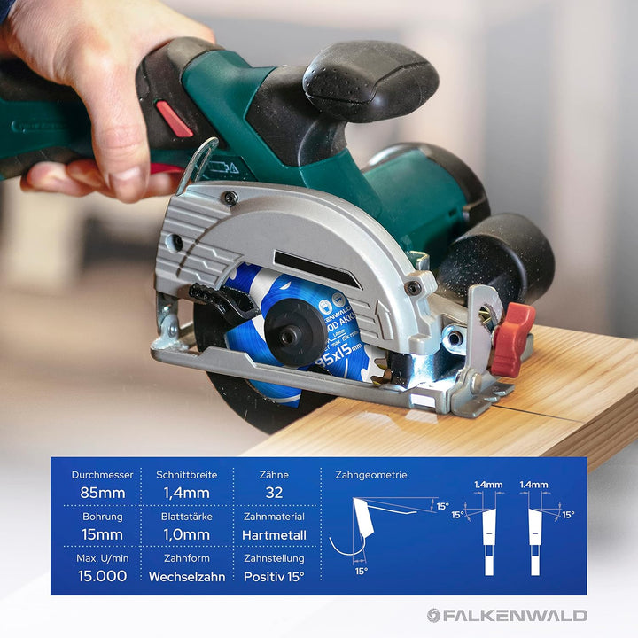 FALKENWALD Akku Sägeblatt 85x15 ideal für Holz - Kompatibel mit Bosch GKS 12v-26, Bosch GKS 85, Maki