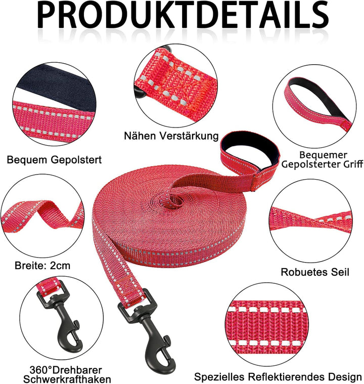Demigreat Schleppleine für Hunde, 3m / 5m / 10m / 15m / 20m Robuste Lange Hundeleine Reflektierend T