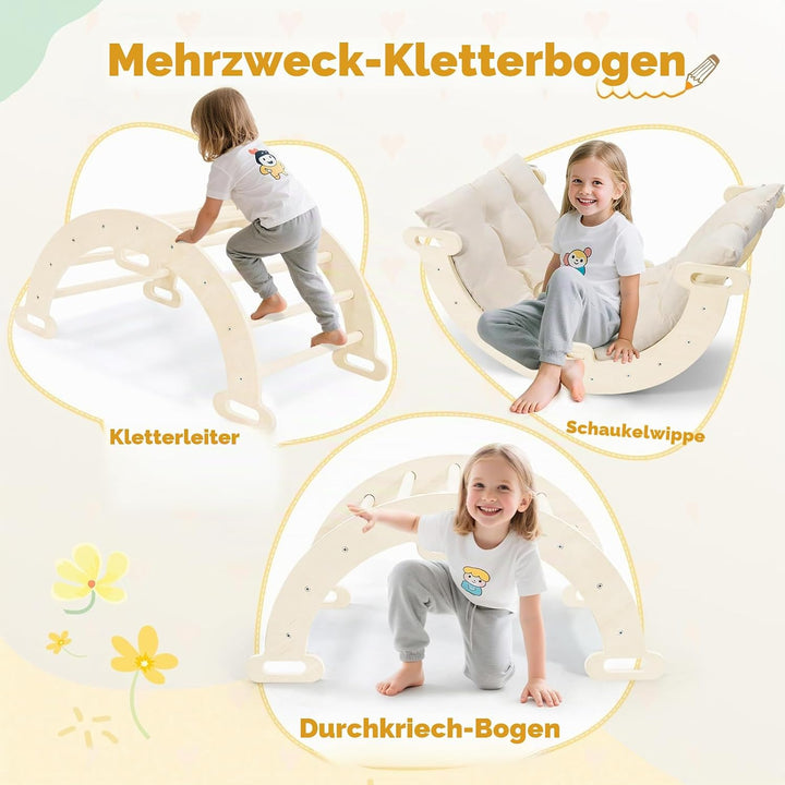 klettergerüst Indoor,Holzkletterbogen mit Weichem Kissen,Indoor Klettergerüst für Kinder ab 3 Jahre,