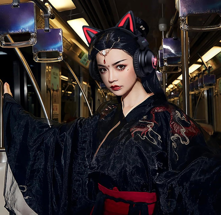 KUQIRMAOERJI Miko-J Kabellose Katzenohr-Kopfhörer (12 Farbwechsel) mit ansteckbaren HD-Mikrofon,Mikr