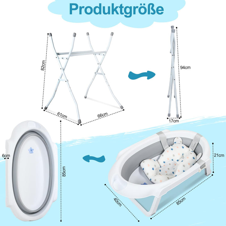Baby Badewanne mit Gestell faltbare Babywanne Baby Wanne platzsparend, Babybadewanne mit Badekissen,