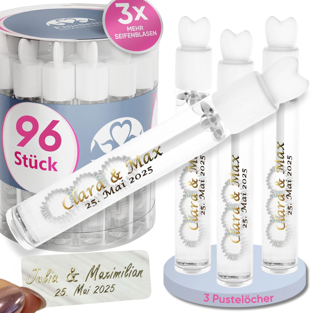 EinsSein personalisierte Seifenblasen Hochzeit Lovegläschen Weiss 96 Stück | Seifenblasen mit Aufkle