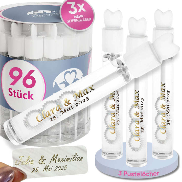 EinsSein personalisierte Seifenblasen Hochzeit Lovegläschen Weiss 96 Stück | Seifenblasen mit Aufkle