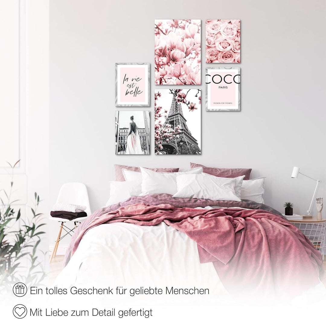 Novart Wandbilder Set Fashion Coco Paris Grau Rosa - KEIN EXTRA RAHMEN BENÖTIGT - Modern Deko - Wohn