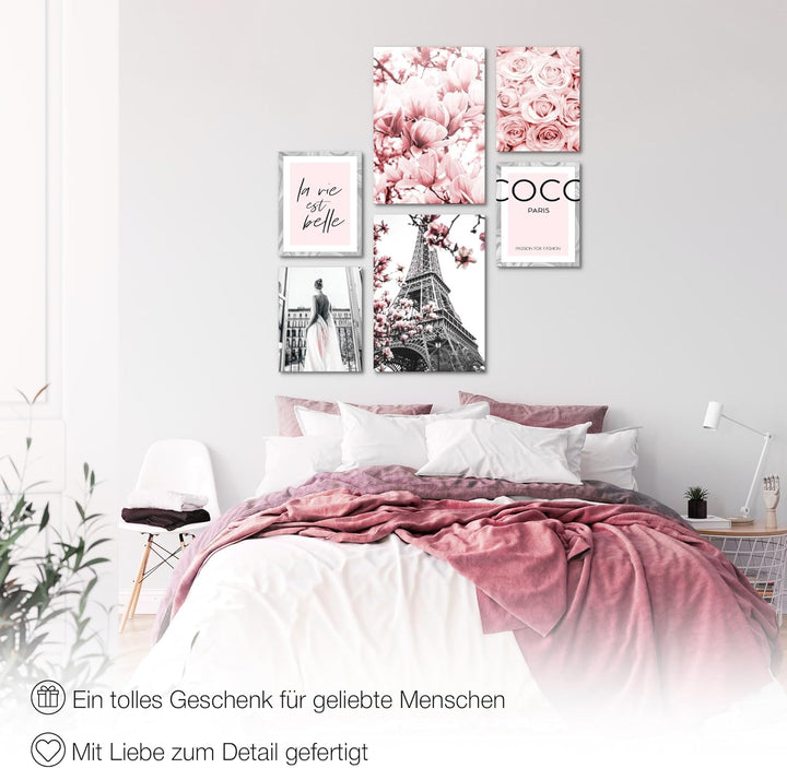 Novart Wandbilder Set Fashion Coco Paris Grau Rosa - KEIN EXTRA RAHMEN BENÖTIGT - Modern Deko - Wohn