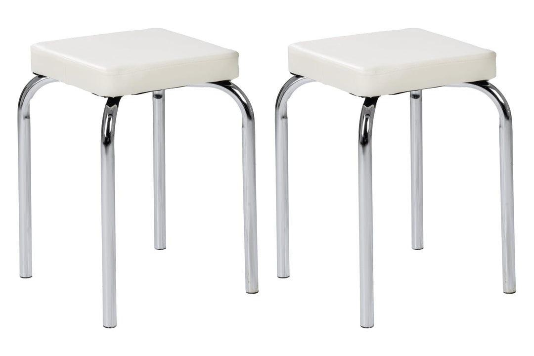 Sitzhocker - 2er Set - Stapelbar - Belastbar bis 90 kg - 36x47x36 cm - Weiss - Chromfarben - Metall