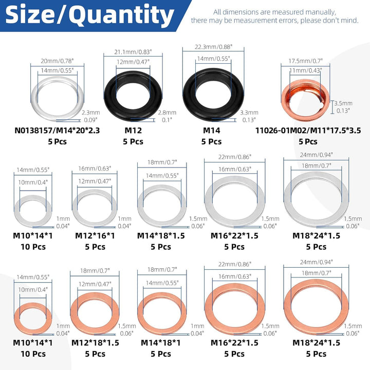 Glarks 80pcs 11 Grössen Automotive Öl Drain Plug Dichtung Kit M10 M11 M12 M14 M16 M18 Aluminium Kupf
