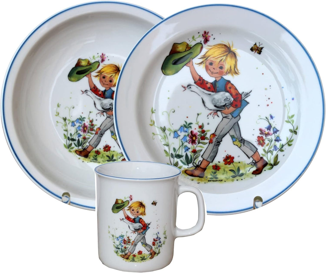 Kindergedeck 3-tlg. Porzellan modernes buntes Märchenmotiv "Hans im Glück" by L.E.R.D.93, Hans im Gl