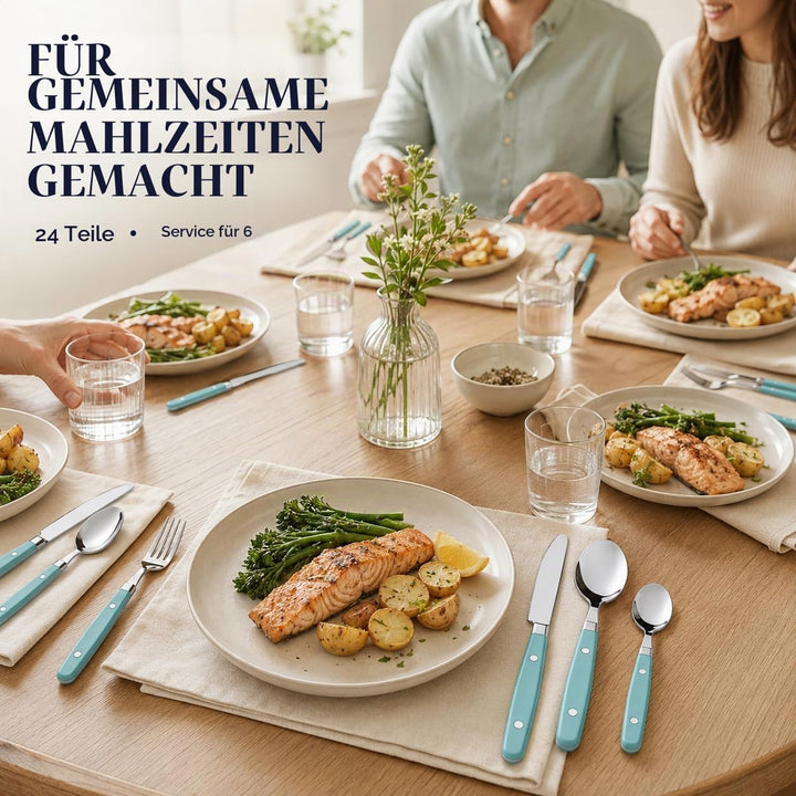 EXZACT Besteckset 24-teilig Edelstahl - mit Niet-Bastelgriffen/Besteck im Retro-Stil - 6 x Essgabeln
