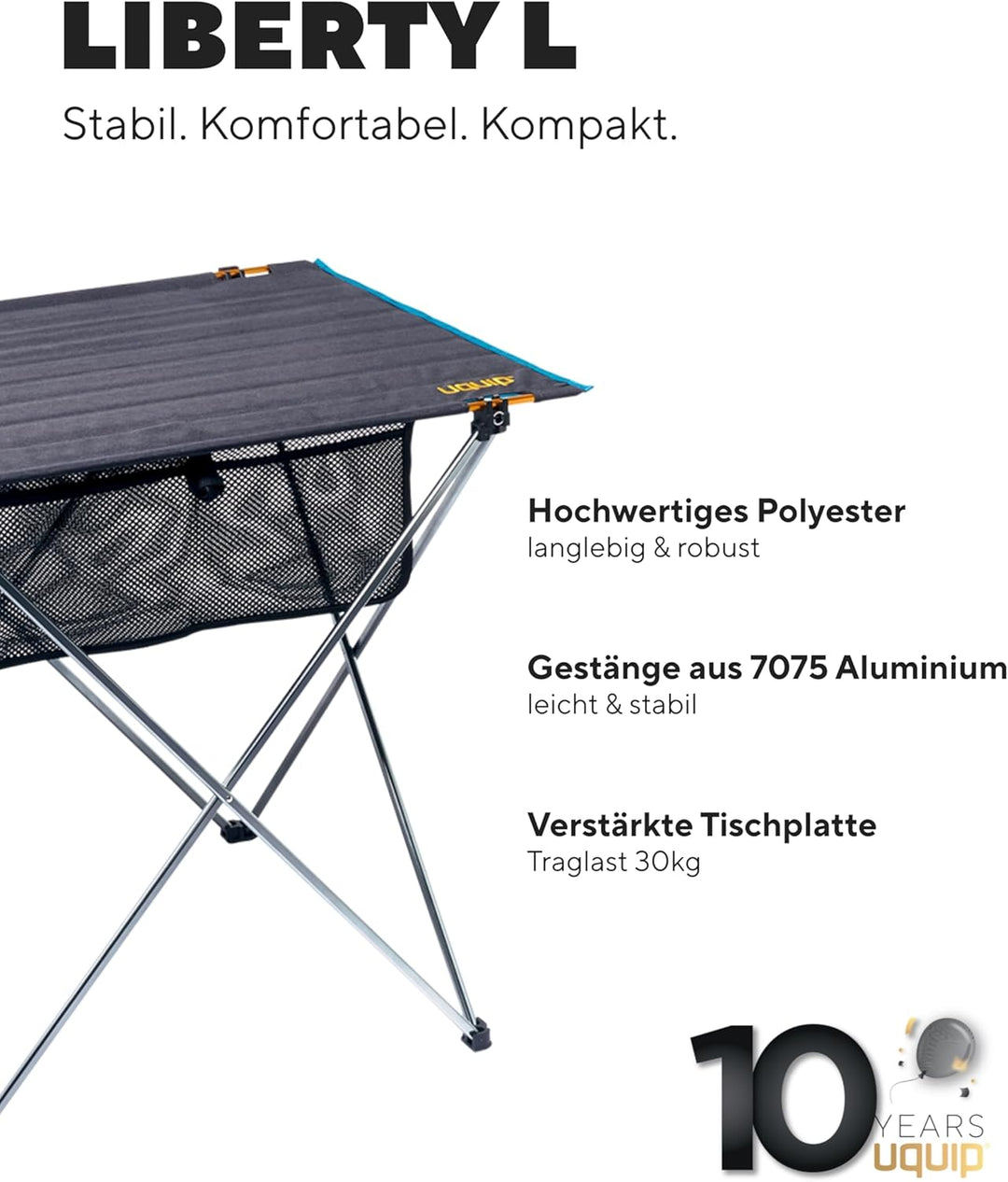 Uquip Campingtisch Liberty L Grey I 58 x 65 x 80 cm I kompakter Falttisch mit 30 kg Traglast I Leich