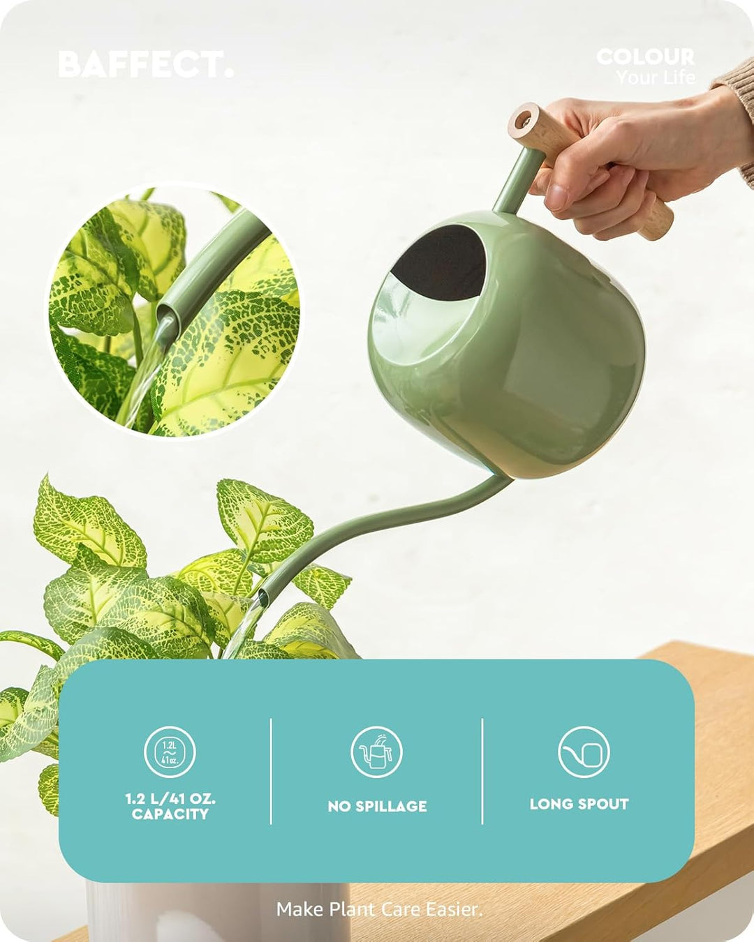 Baffect Giesskanne für den Innenbereich, 1,2 l, Edelstahl, Bonsai-Giesskanne mit glattem Griff, Meta