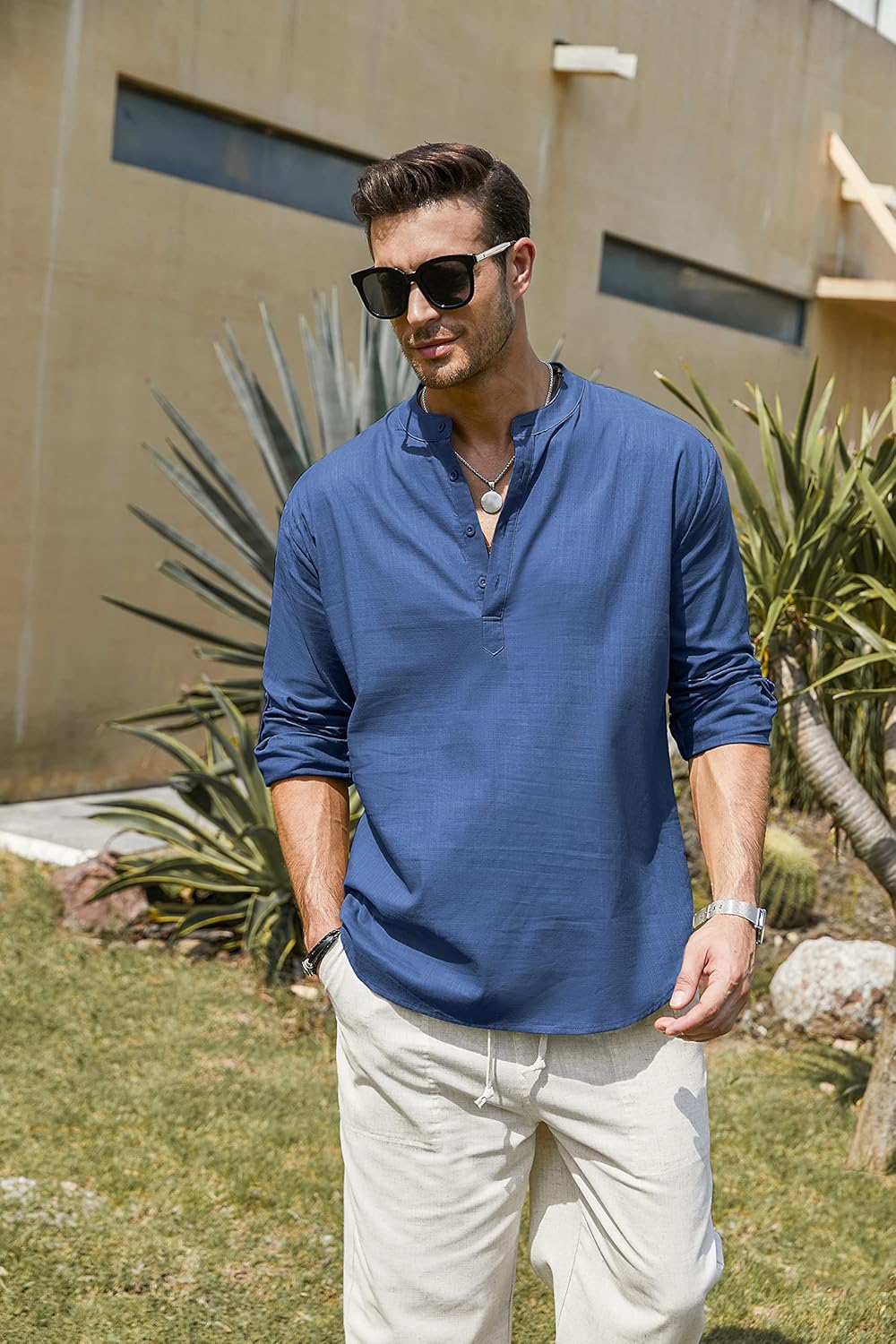 COOFANDY Herren Hemd Langarm Henley Shirt Leinenhemd Baumwolle Casual Regular Fit Sommerhemd A-denim