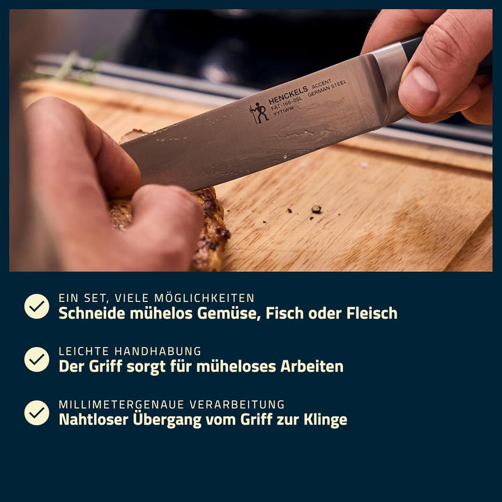 HENCKELS by ZWILLING Accent Messerset 3-tlg, Spick-, Fleisch- und Kochmesser, Schwarz mit Nieten