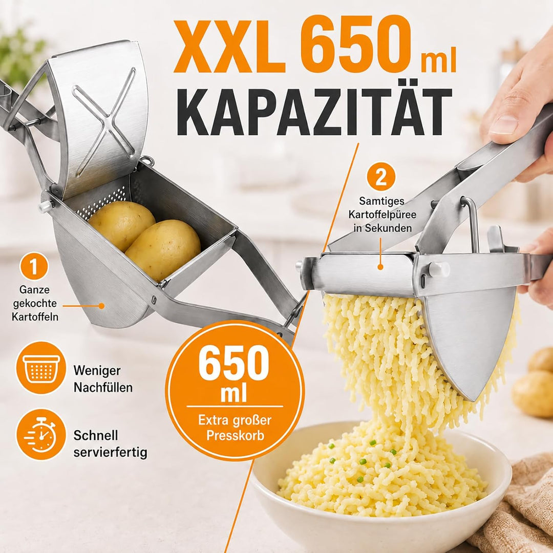 Hohe Qualität Kartoffelpresse Edelstahl Testsieger - Ergonomischer Komfortgriff, Extra Grosses Fassu