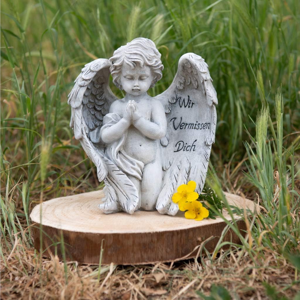 Kamelio Engel mit Spruch auf dem Flügel Trauerengel Grabschmuck Engelsfigur Gabriel