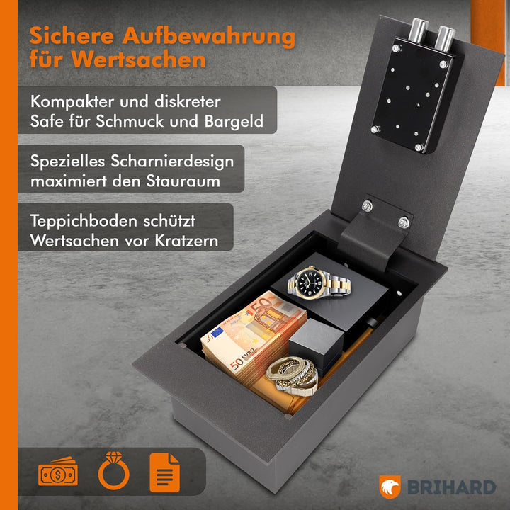 Brihard Tresor zur Bodenmontage mit Schlüsselschloss – Einbautresor flach 4L sichere Aufbewahrung –