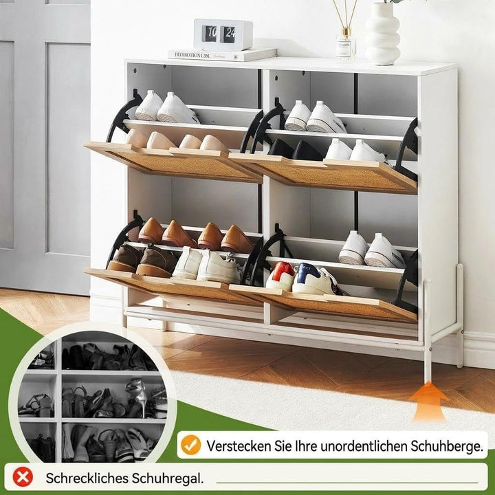 Schuhschrank Breit 100 × 24 × 88 Hoch cm, 4 Klappen, Schmaler Freistehender Schuhkipper Aus Rattan,