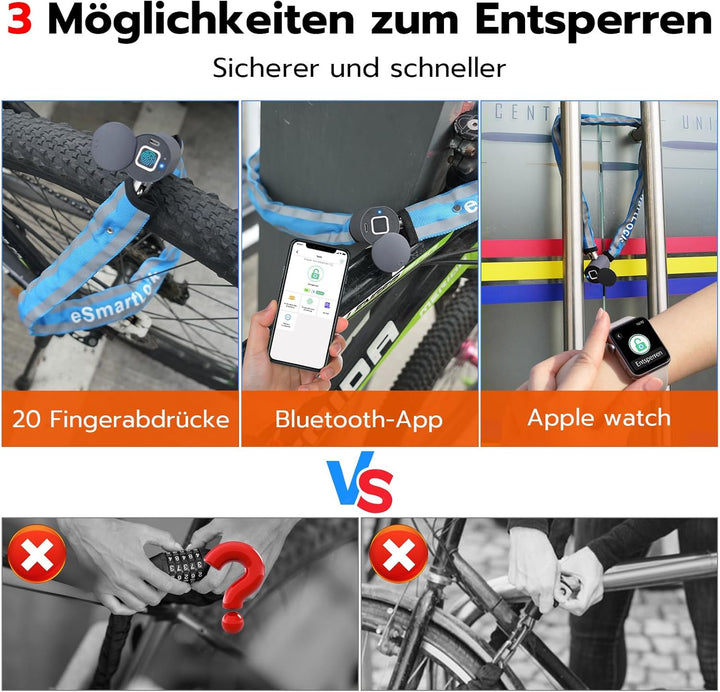 Eseesmart Fahrradschloss mit Fingerabdruck, Hohe Sicherheit Anti-Diebstahl Fahrrad Kettenschloss mit