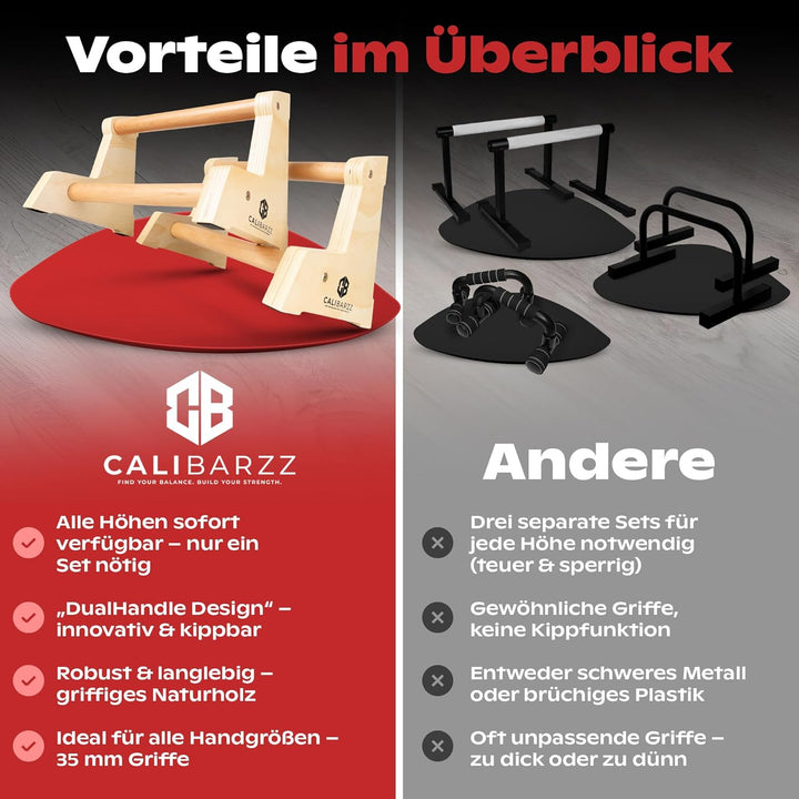 Calibarzz Parallettes & Liegestützgriffe aus Holz [3 Höhen] Push up Bars - Handstand Griffe - Dip Ba