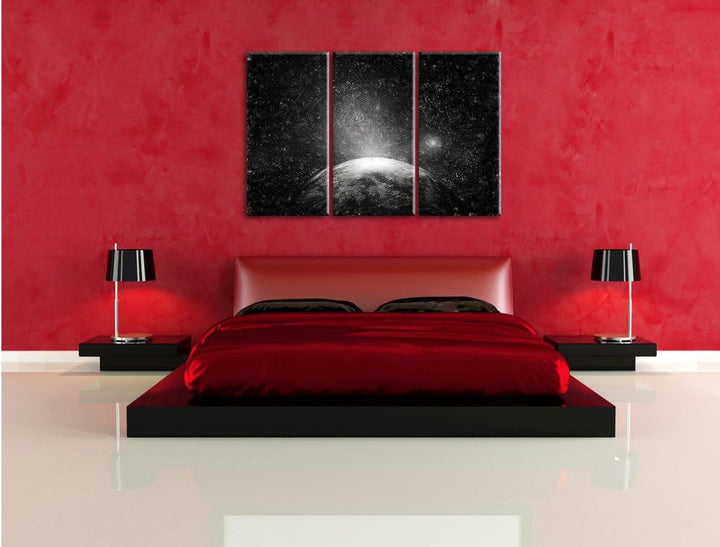 Pixxprint Sicht vom Mond auf die Erde Kohle Zeichnung Effekt 3-Teiler Leinwandbild 120x80 Bild auf L