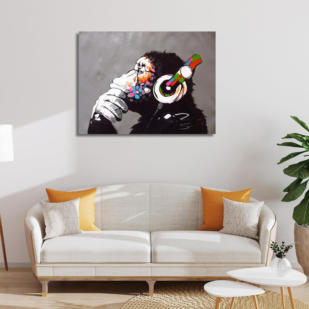 canvashop Moderne Bilder für Wohnzimmer, 50 x 35 cm, Banksy Monkey DJ, Bild auf Leinwand, Bansky Str