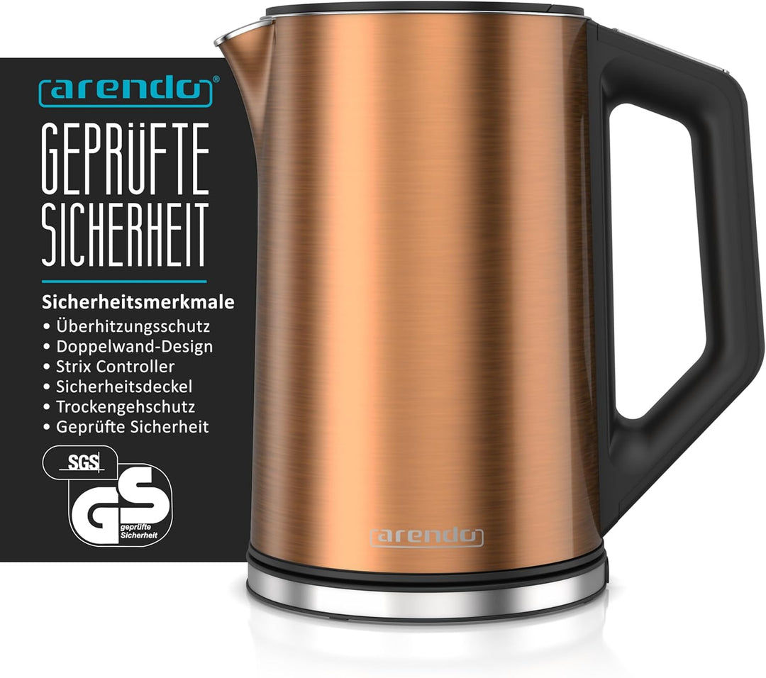 Arendo - Wasserkocher mit Toaster SET Edelstahl Kupfer, Wasserkocher 1,5L, 2000W, 40° 100°C Warmhalt