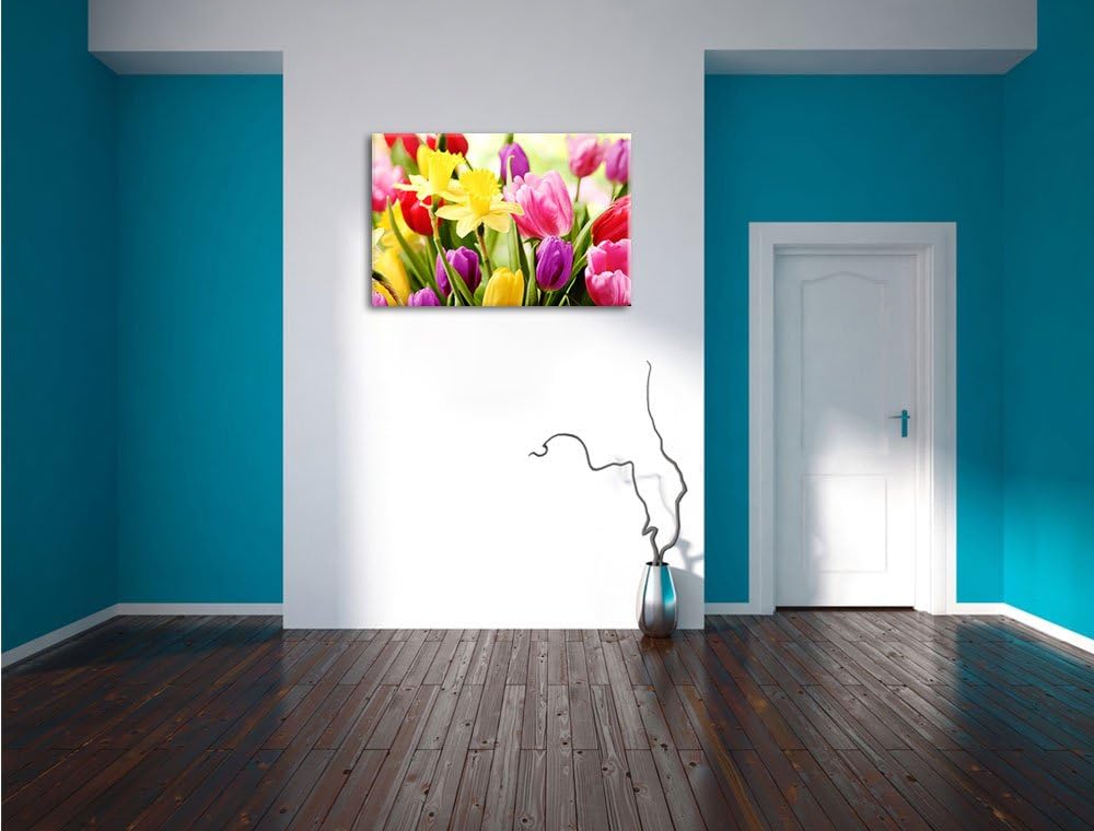Farbenfrohe Osterglocken und Tulpen Format: 100x70 auf Leinwand, XXL riesige Bilder fertig gerahmt m