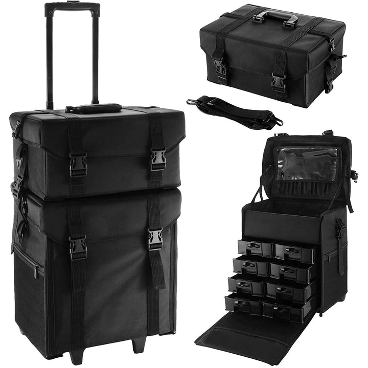 2 in 1 Kosmetikkoffer, Abnehmbarer Kosmetikkoffer Trolley mit Rollen und Deichsel, Friseurkoffer mit