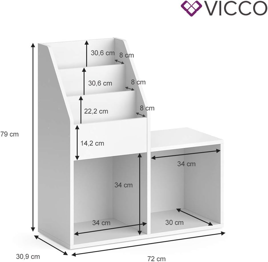 Vicco Bücherregal Luigi, Regal für Bücher, Weiss, 72 x 79 cm Weiss 34x79x30,9 cm, Weiß 34x79x30