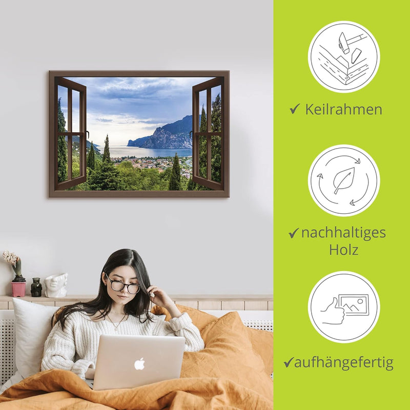 ARTland Leinwandbilder Wandbild Bild Leinwand 70x50 cm Querformat Fensterblick Gardasee Landschaft S