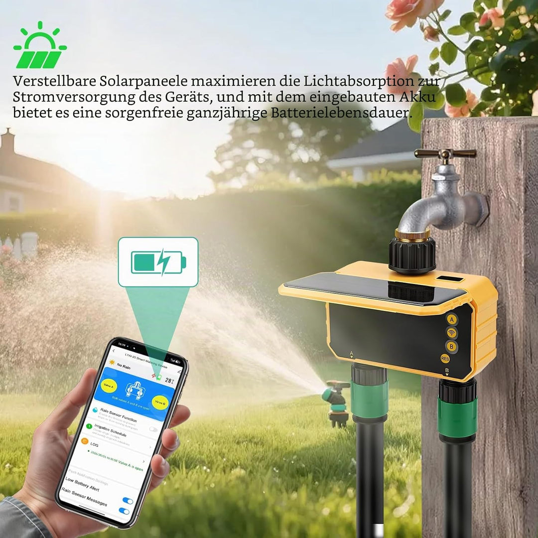 Nikou Solar Bewässerungscomputer WLAN 2 Ausgänge, Automatische Garten Smart Bewässerungsuhr Bewässer