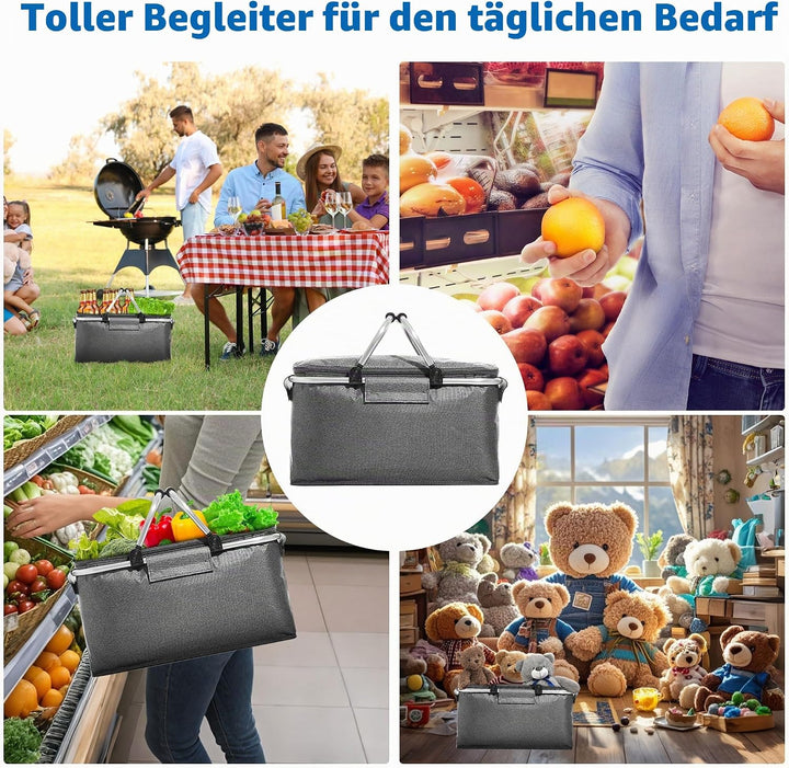 Picknickkorb 25L Einkaufskorb Faltbar Gross Picknickkorb Kühlkorb Einkaufskorb mit Deckel Tragekorb