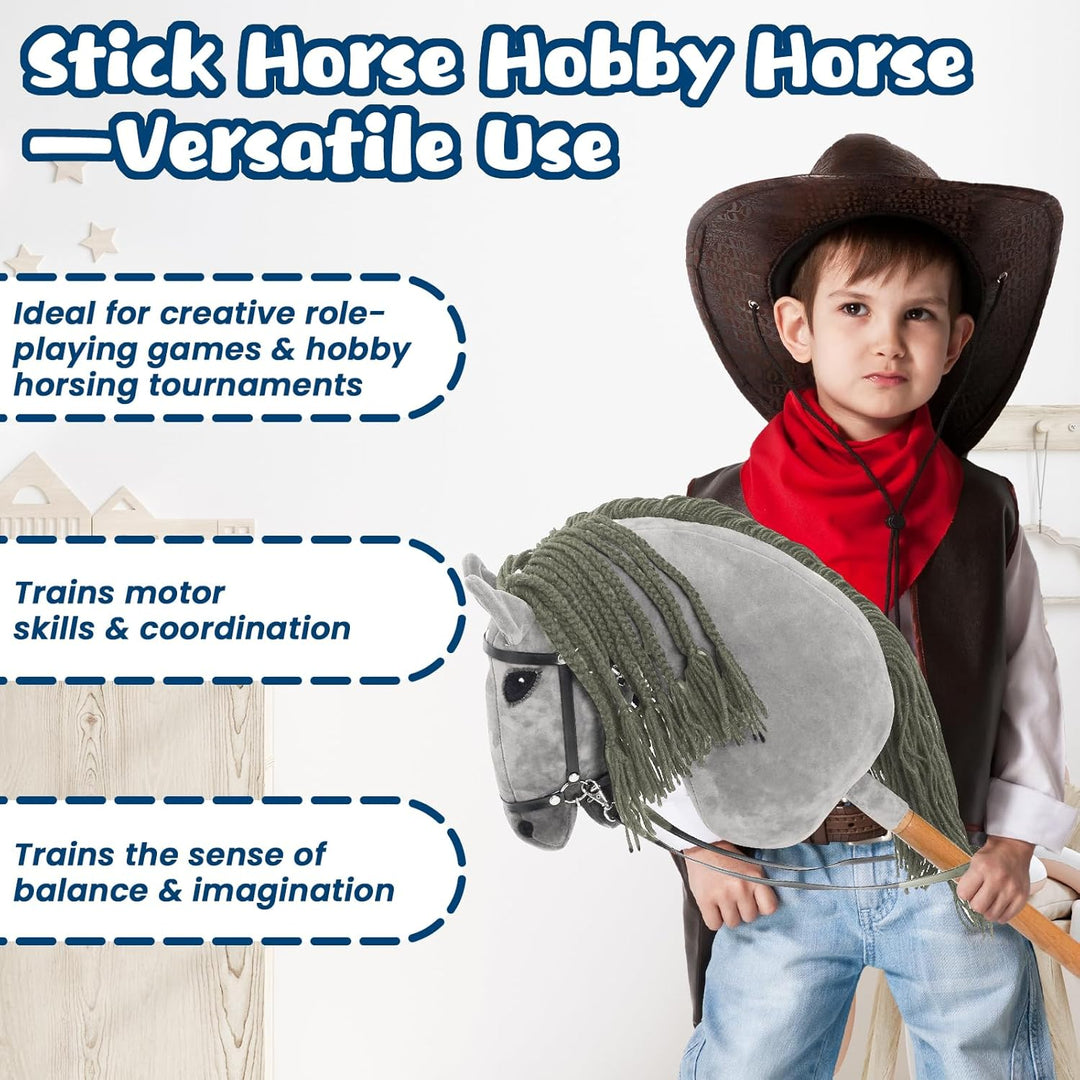 Hobby Horse für Kinder, Steckenpferd Spielzeug Pferd mit Halfter und Zügeln, Holzpferd Plüschpferd S