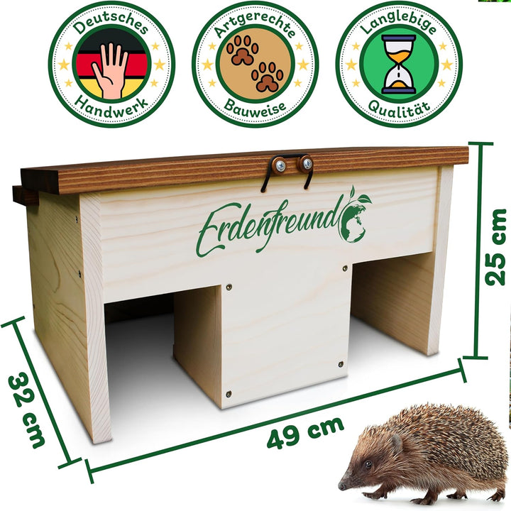 ERDENFREUND® Igelfutterhaus + 2er Set Wasser- & Futternapf Igelhaus kaufen artgerecht mit festem Dac