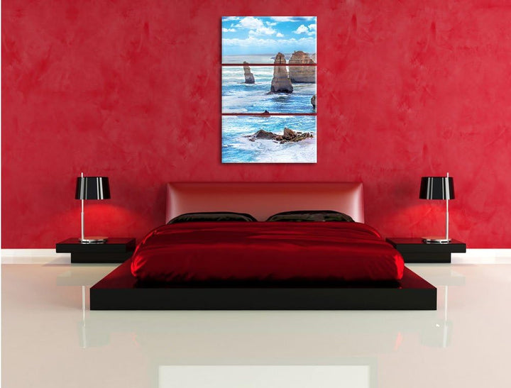 Pixxprint Meer klippe küste Sonnenaufgang Steine Strand 3-Teiler Leinwandbild 120x80 Bild auf Leinwa