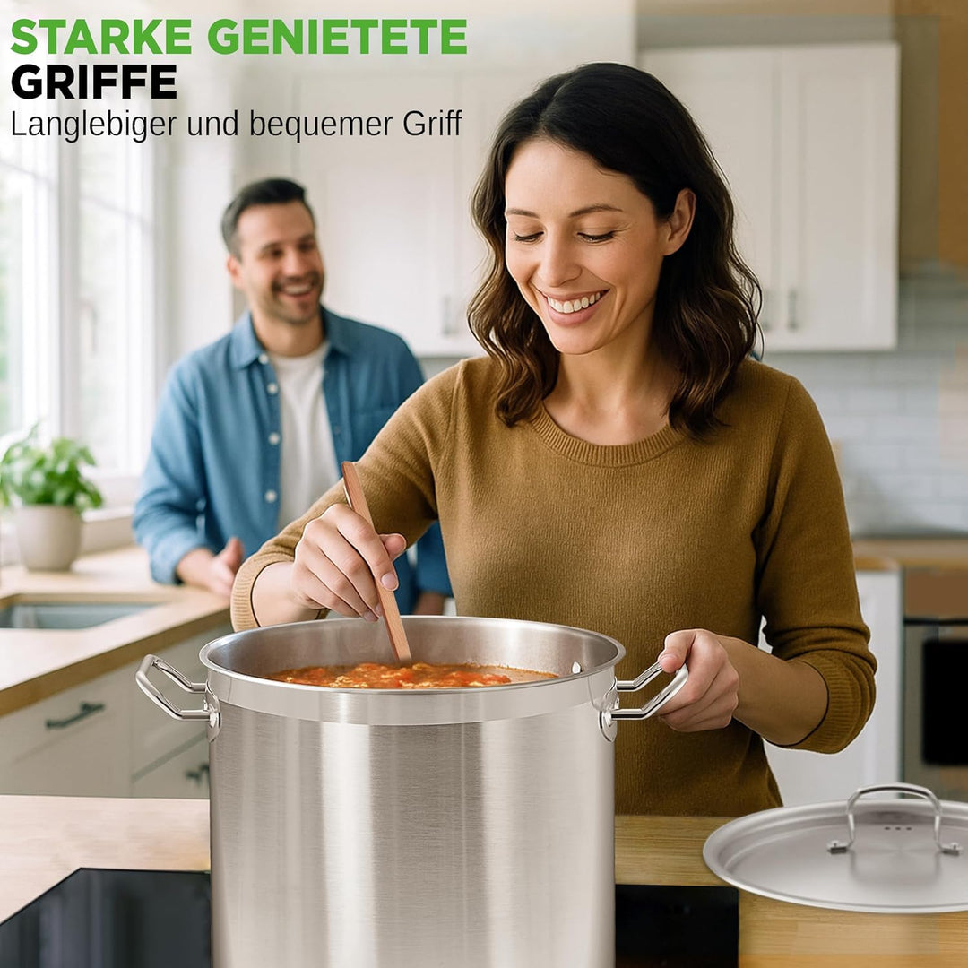 NutriChef Edelstahl Kochtopf 33,1L Induktion – Suppentopf mit Deckel, Profiqualität für Gastronomie