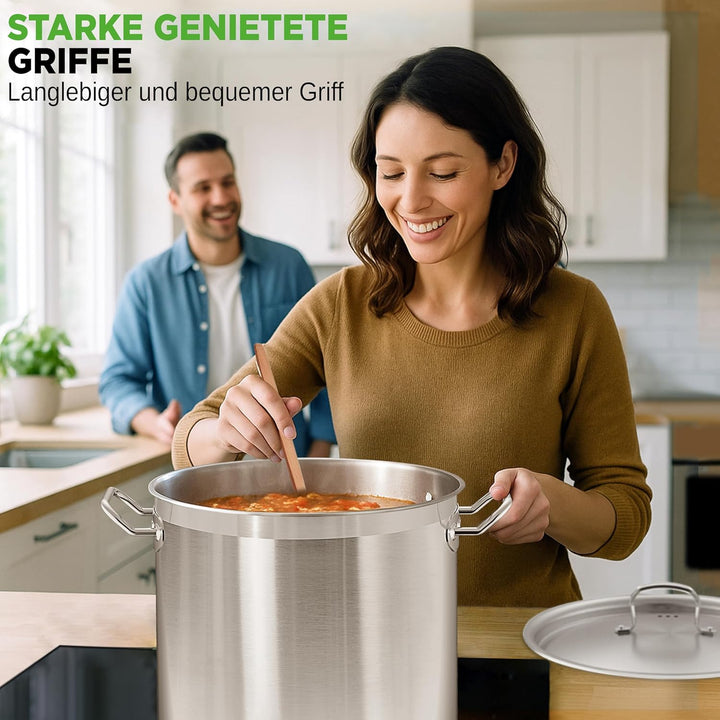 NutriChef Edelstahl Kochtopf 33,1L Induktion – Suppentopf mit Deckel, Profiqualität für Gastronomie