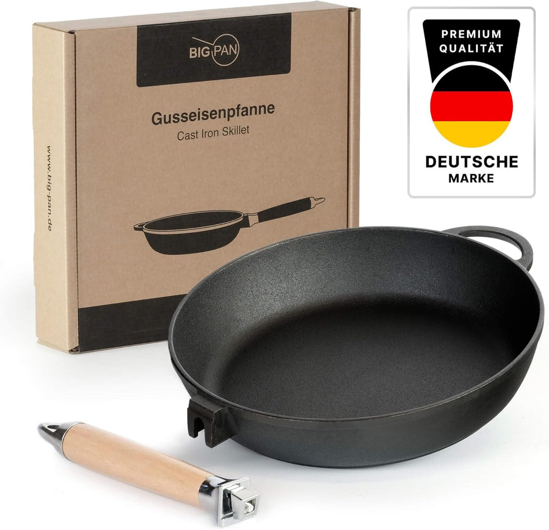 Premium tiefe Gusseisenpfanne 28 cm mit Glasdeckel abnehmbarer Holzgriff | unbeschichtet backofenfes