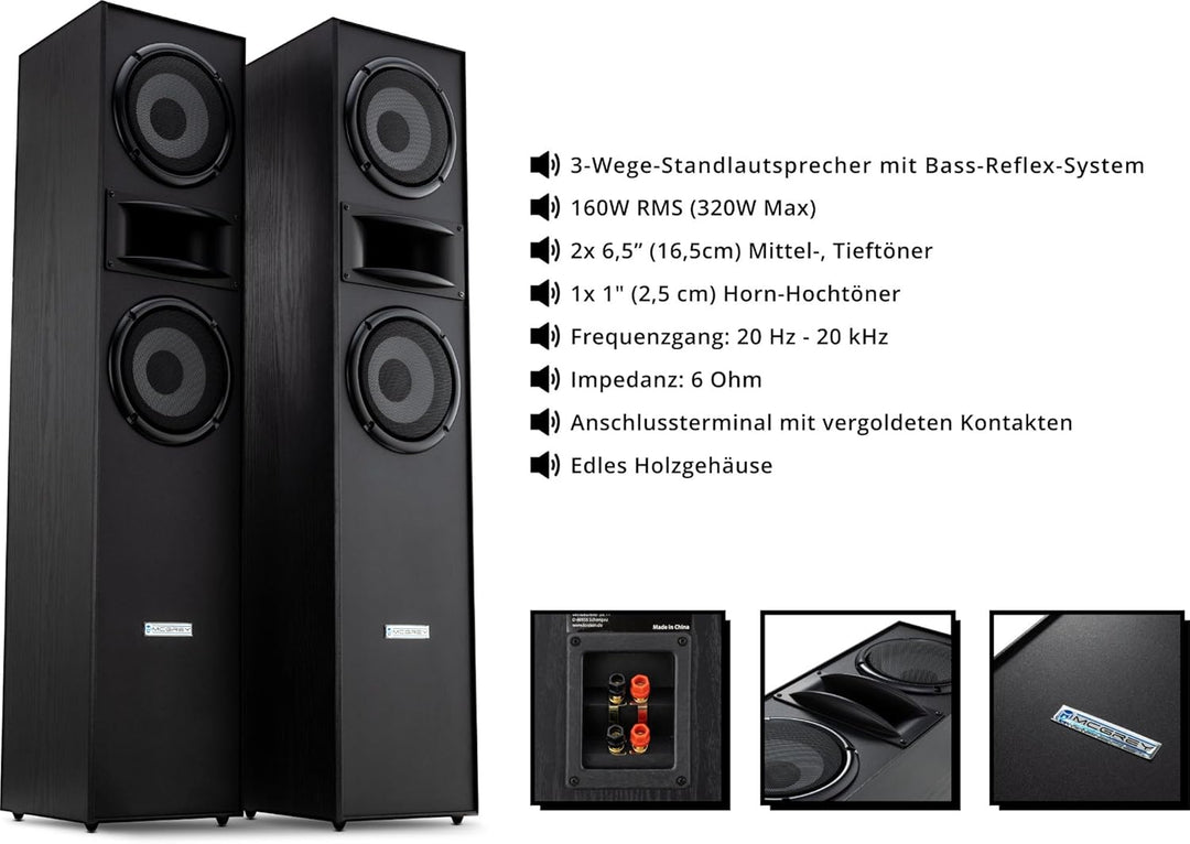 McGrey HTS-65320 BK Paar 3-Wege HiFi Standlautsprecher Paar - 160W RMS - 2 x 6,5" Mittel-, Tieftöner