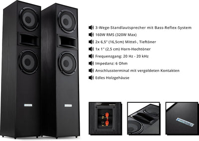 McGrey HTS-65320 BK Paar 3-Wege HiFi Standlautsprecher Paar - 160W RMS - 2 x 6,5" Mittel-, Tieftöner